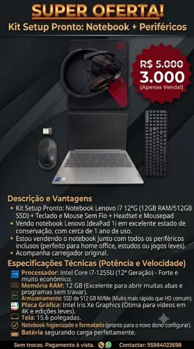 Notebook Lenovo i7 12ªG (12GB RAM/512GB SSD) + Mouse, Teclado sem fio, Mousepad e Headset