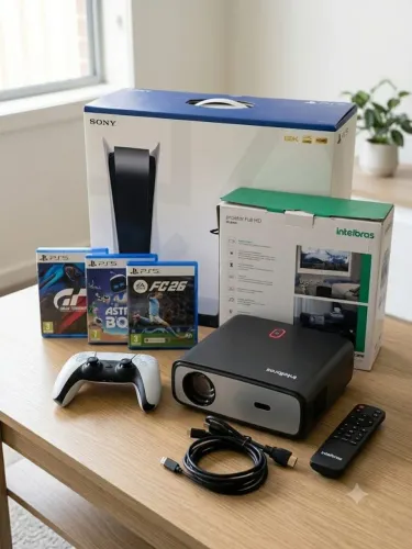 KIT GAMER & CINEMA: PS5 1TB + PROJETOR FULL HD + LONA + JOGOS ?