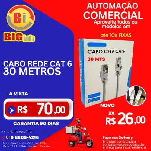Cabo Internet Cat6 Alta Velocidade 30 Metros Cat 6 Rj45