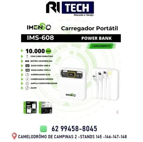 Bateria Carregador Portátil Imenso Rápido 10.000mah 22.5W Cabo iPhone Tipo C V8 Usb