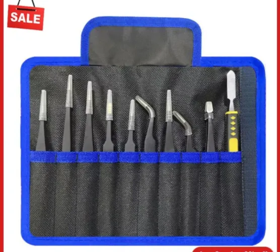 Conjunto de pinças de precisão. Aço inoxidável antiestática. 10 peças.