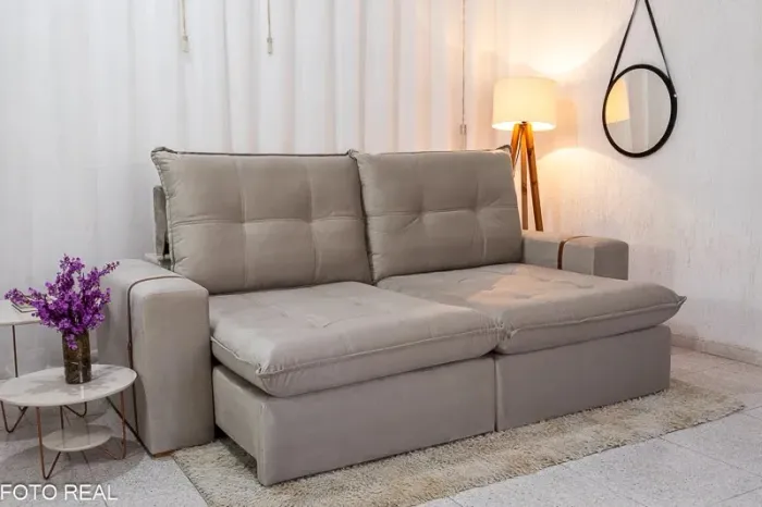 Sofá Retrátil Reclinável 2.50m Nina Veludo Bege 525 - Molas Ensacadas rf988