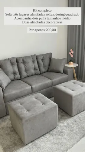 Kit sofá três lugares + puffs médios + duas almofadas decorativas