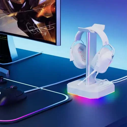 [Novo] Suporte de Fone de Ouvido Gamer em Alumínio com Iluminação RGB - Cor Branca