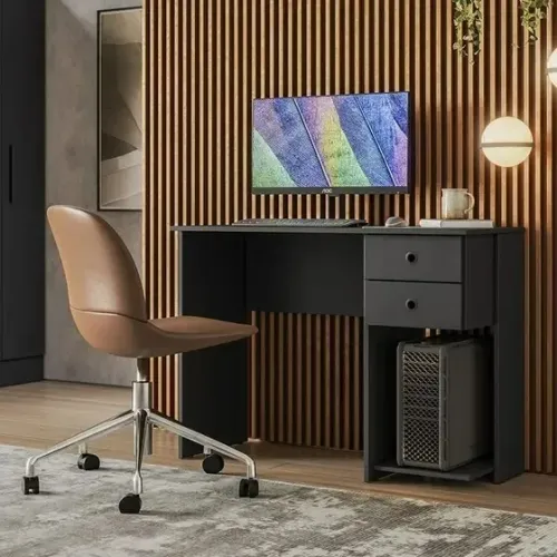 "Organização e Elegância no Seu Home Office: Mesa Branca com Gavetas e Espaço para CPU"