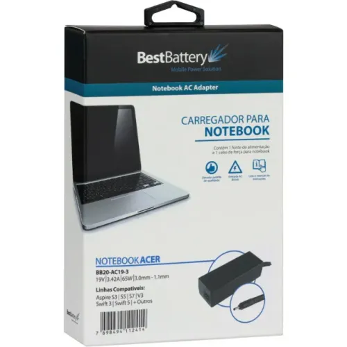 FONTE NOTEBOOK COMPATIVEL ACER ULTRABOOK 19V 3.42A 65W 3.0MM X 1.1MM - LOJA DADO DIGITAL