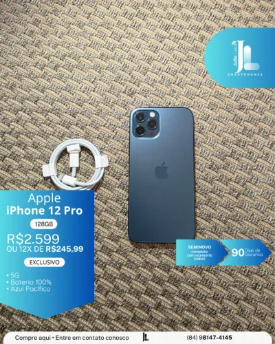 IPHONE 12 PRO, 128GB, AZUL PACÍFICO, BAT 100%, SEMINOVO, EXCLUSIVO!