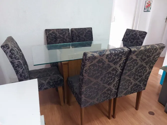 Mesa de Jantar Rufato Tampo de Vidro 6 cadeiras