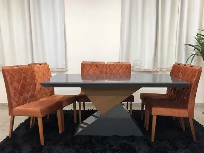 Mesa de Jantar com Tampo de Vidro + 8 Cadeiras Terracota