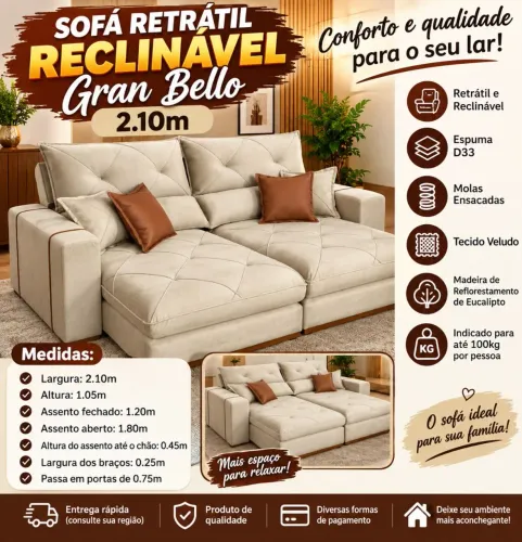 Sofá Retrátil e Reclinável Gran Bello 2.10