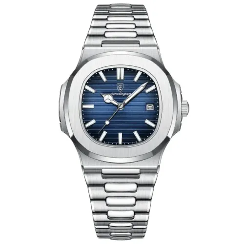 Relógio Masculino Sofisticado Aço Escovado Fundo Azul e Preto " Original " + Caixa Luxo