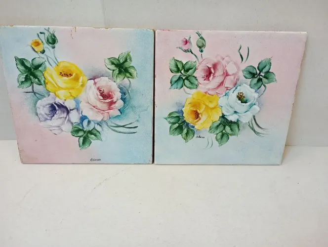 Azulejos Vintage Pintados à Mão - Floral - Assinados Silvina