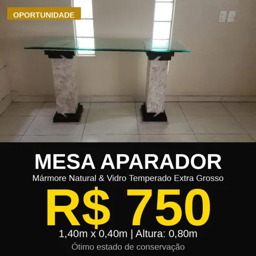 Mesa Aparador Mármore e Vidro Temperado - Impecável