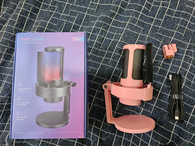 Microfone gamer de mesa, marca fifine, na cor rosa, novo e barato 