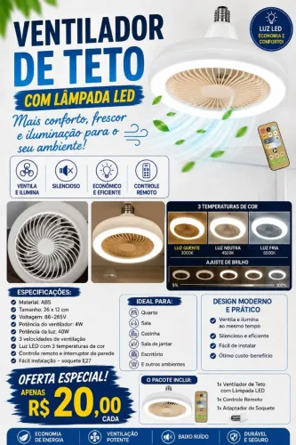 Ventilador de teto com lampada led