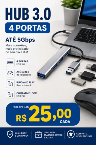 Hub USB 3.0 4 Portas Expansor até 5 Gbps USB em Alumínio
