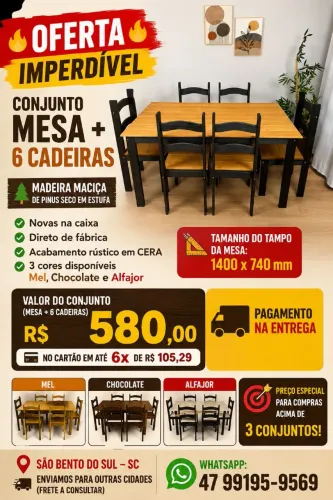 Conjunto Mesa + 6 cadeiras Madeira maciça pronta entrega cozinha sala de jantar