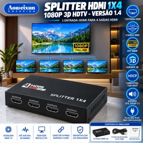Splitter HDMI 1x4 HDTV versão 1.4