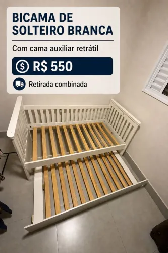 Bicama de Solteiro Branca com Cama Auxiliar Retrátil