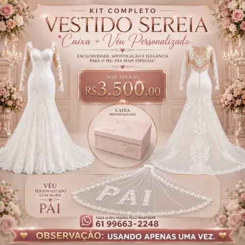 Vestido de Noiva Sereia com Manga Longa + Véu Bordado Personalizado + Caixa de Presente