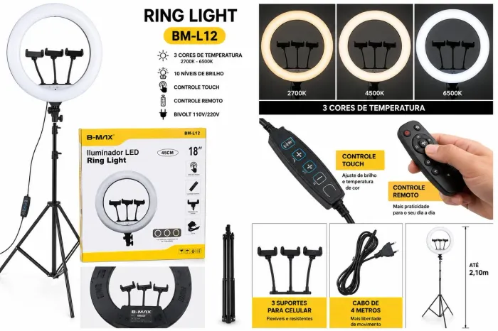 Ring Light LED 18 Pol 45cm BM-L12 55W 416 LEDs 3 Suportes Controle Remoto Bivolt