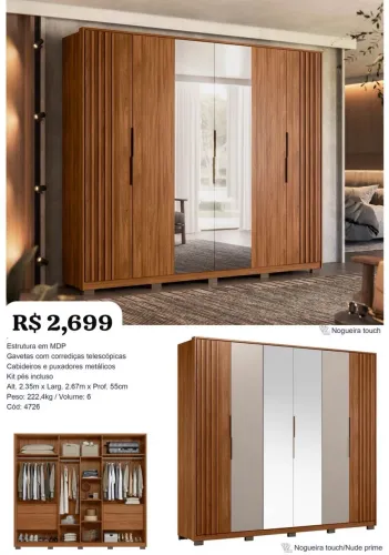 Guarda Roupa Casal 6 portas com espelho - Promoção