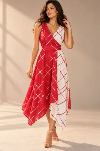 Vestido Midi Vermelho e Branco Estampado com Decote Transpassado - Tamanho P