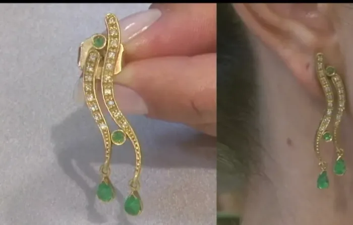 Brincos Ouro 18k, diamantes e esmeraldas 