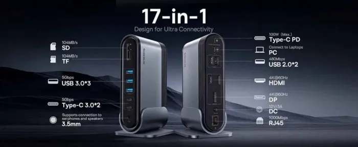 Docking Station Baseus UnionJoy 17 em 1 USB-C Triple Display 4K 100W PD RJ45
