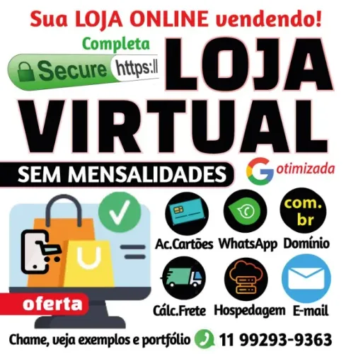 LOJA VIRTUAL ECOMMERCE PRÓPRIA E SEM MENSALIDADES, COM CARTÕES GOOGLE WATSAPP, JÁ VENDENDO