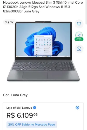 Notebook Lenovo IdeaPad Slim 3i Intel Core i7-13620H 24GB 512GB SSD Windows 11 Home 15.3