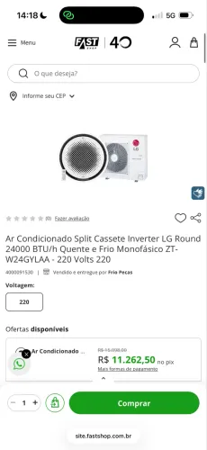 Ar-Condicionado Split Round Cassete Inverter WI-FI LG Quente/Frio 24.000 BTUs