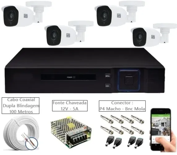 Kit Cftv 4 Cameras Segurança Externa Dvr 4ch FullHD - Completo