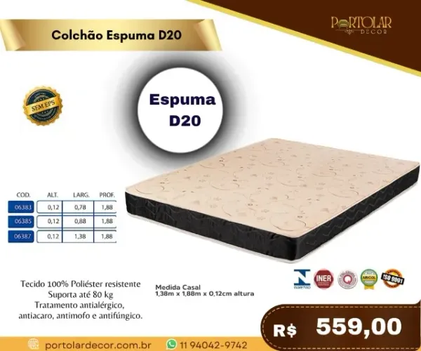 Colchão espuma D20, a pronta entrega 