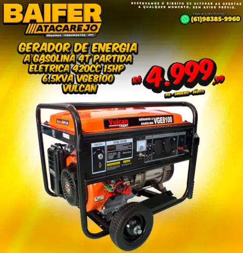 Gerador à Gasolina 4T Partida Elétrica 420Cc 15Hp VGE8100 6.5KVA Vulcan