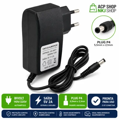Fonte Alimentação 5V 2A Bivolt Plug P4 Para Eletronicos em Geral 