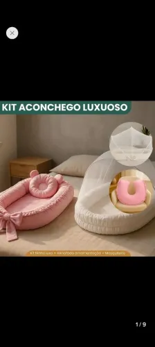 Kit ninho redutor de berço Evf Rosa Claro com almofada de Amamentação e mosquiteiro 