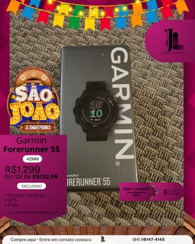 RELÓGIO GARMIN FORERUNNER 55, 42MM, PRETO, LACRADO, EXCLUSIVO!