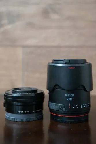 Kit de lentes Sony e-mount (sony 16-55mm e meike 55mm 1.4)