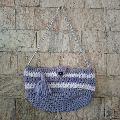 Bolsa Crochê Feita a Mão Artesanal em Fio Malha Azul e Branco Novinha
