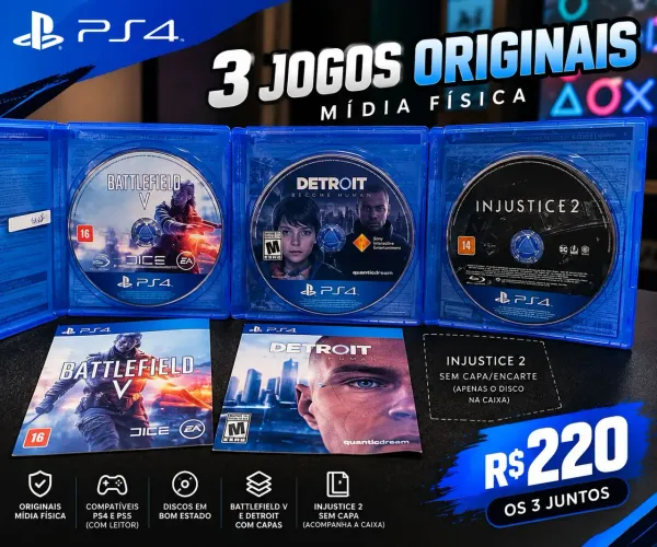 3 Jogos PS4 Originais - Battlefield V, Detroit e Injustice 2