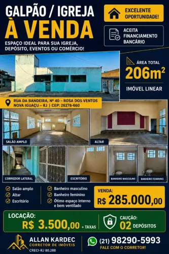 Alugo / Vendo galpão 206m², (antiga igreja). Bairro: Rosa dos Ventos, Nova Iguaçu/RJ.