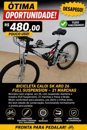 Bicicleta Caloi aro 26 Full suspension 21 V pneus novos bicleta pouco uso, para desapego.