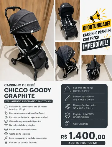 Carrinho Chicco Goody Graphite - One Touch - Excelente Estado