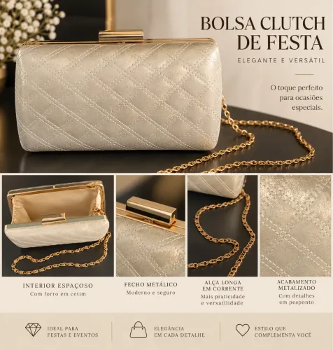 Bolsa de festa com relevo imitando metalassê dourada com alça