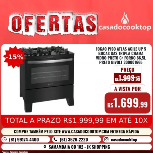 FOGAO PISO ATLAS AGILE UP 5 BOCAS GAS TRIPLA CHAMA VIDRO PRETO C/ FORNO 86,5L PRETO BIVOLT