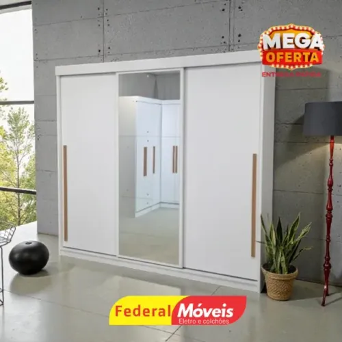 Guarda Roupa c/ Espelho 3 Portas 6 Gavetas Off White ENTREGA HOJE