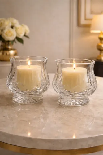 Conjunto de Porta-Velas em Vidro Lapidado com Velas
