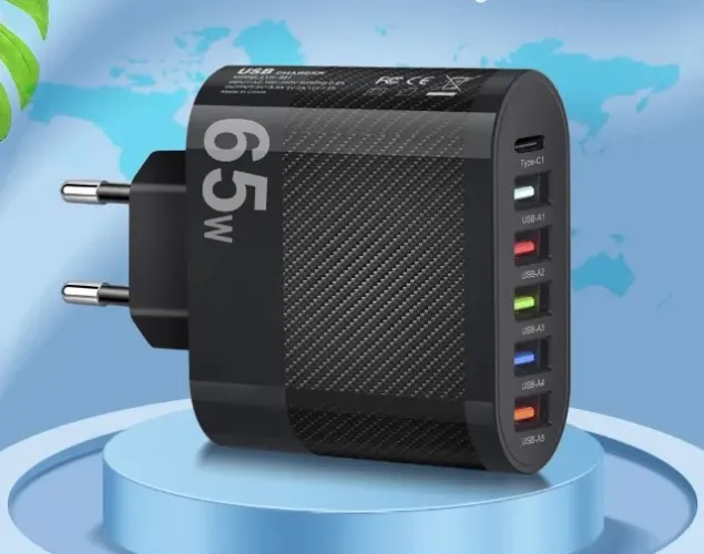 carregador turbo 65w 5 portas usb 1porta tipo c profissional lyk-881 - preto