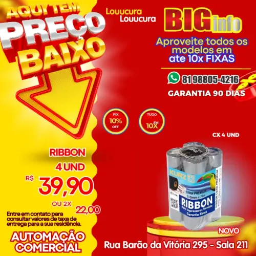 Ribbon de cera 110mm x 74m com 4 unidades